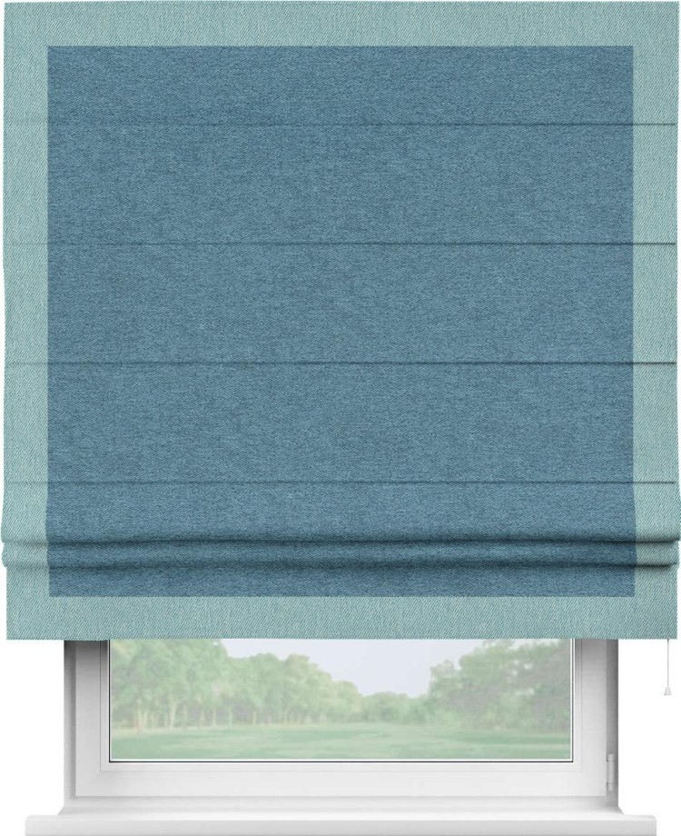 Римская штора «Кортин» с кантом Чесс, для проема, ткань твид блэкаут, светло-синий