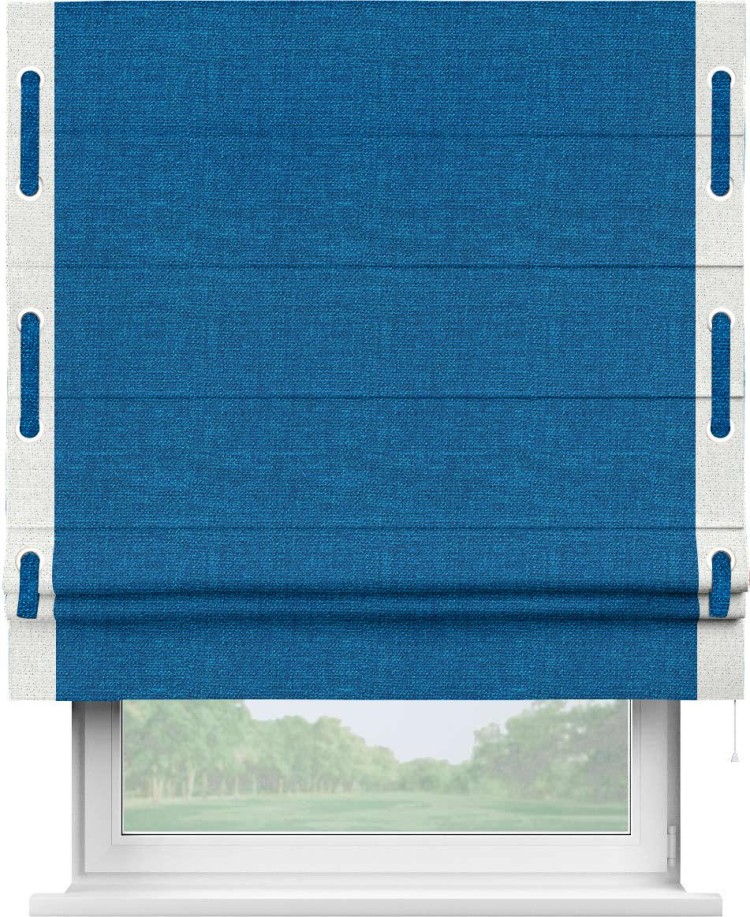 Римская штора «Кортин» с кантом Стрим Дуо (люверсы с пояском), для проема, ткань лён синий